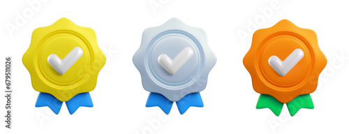 Vector cartoon 3d medal with checkmark realistic icons set. Trendy metallic award render certificate badge