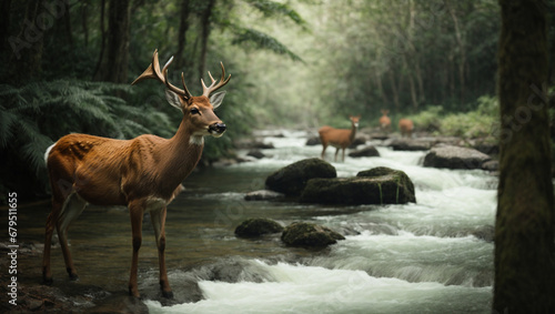 Deer on the edge of a tropical forest river