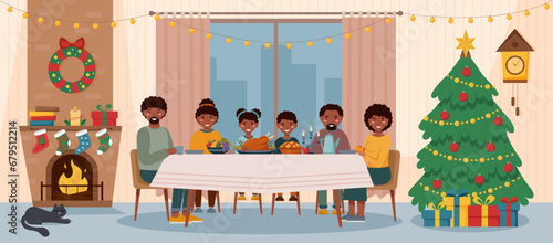 Family is celebrating Christmas. Family dinner at the table. Christmas concept.	
