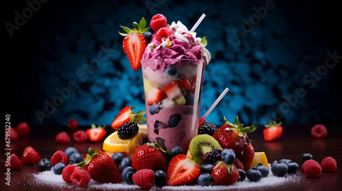 The shake is topped with a variety of colorful and vibrant fruits, including kiwis, strawberries, blueberries, and raspberries.
