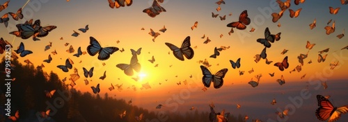 swarm of monarch butterflies, Danaus plexippus group during sunset, Generative AI