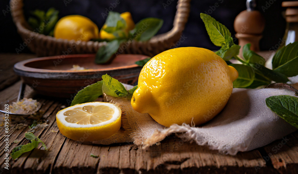 juicy lemon fruit, food photography close up shot in studio