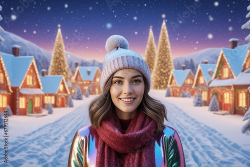 A woman in front of a background with a Christmas village