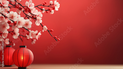 Happy chinese new year sakura flowers and traditional lantern on red. generative ai
