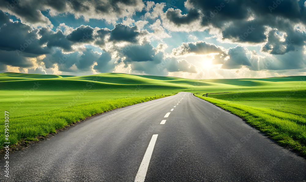 Fototapeta premium Scenic landscape with lush green field and road