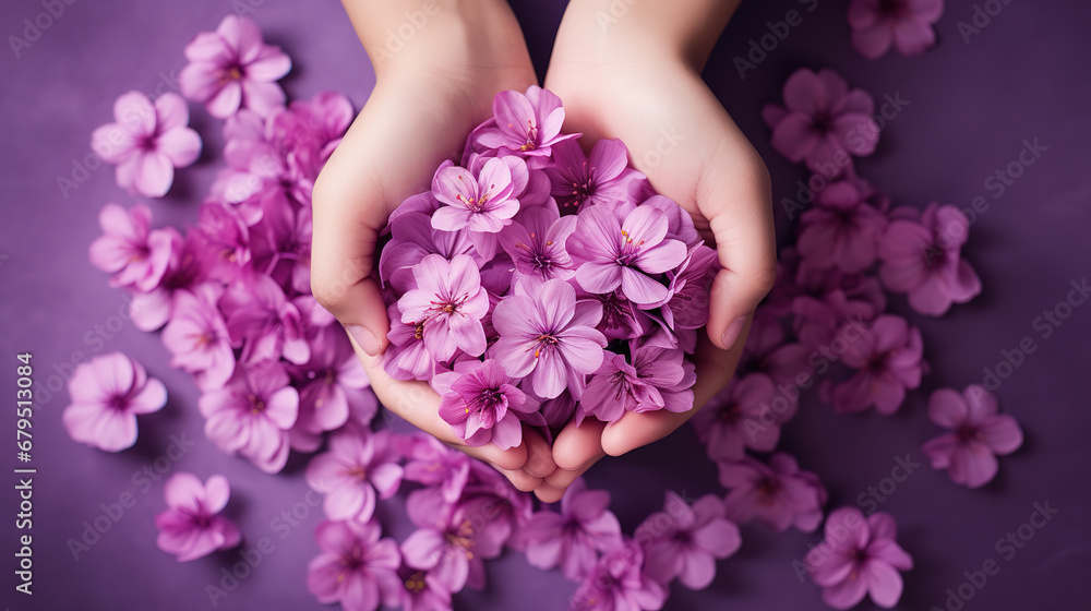 Obraz premium Top view of child hands holding purple pink flowers with copy space, Kindness, caring. generative ai