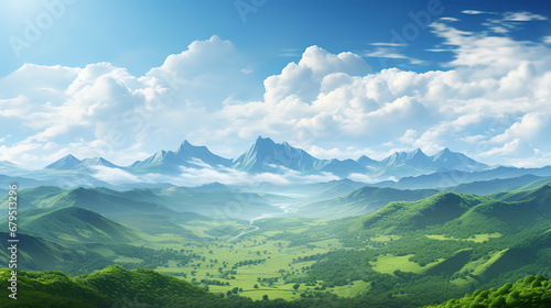 World environment day concept  Green mountains and beautiful blue sky clouds. generative ai