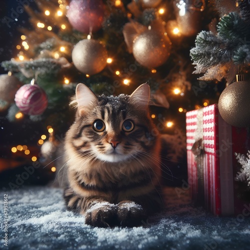 A cat is lying under the Christmas tree next to a gift box. © Jennie