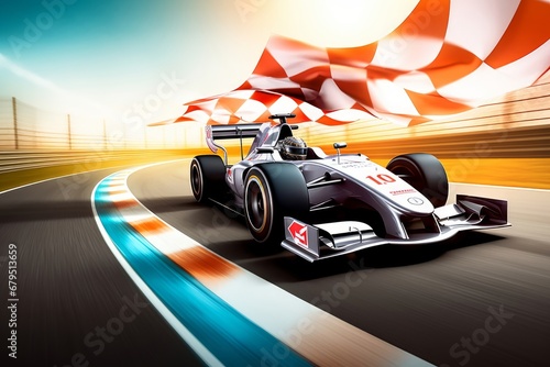 Motor sport racing car on a track with finish flag. Generative AI