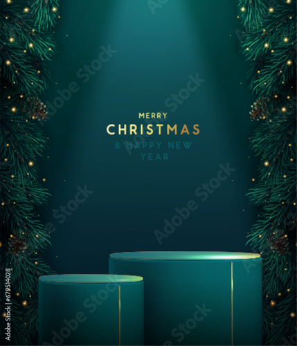Holiday Christmas showcase green sparkle background with 3d podium and emerald Christmas tree texture. Abstract minimal scene. Vector illustration