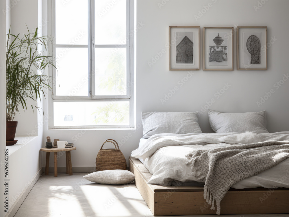 Fototapeta premium Serene and Stylish Bedroom with Natural Woven Accents