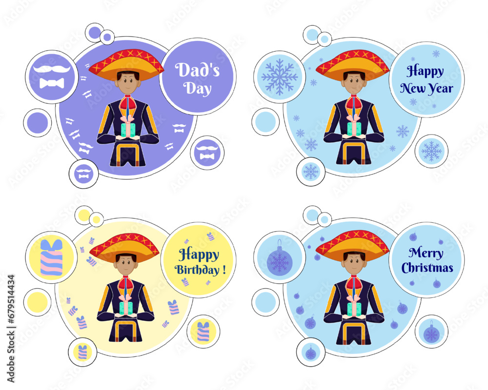 Fototapeta premium Vector sticker on a postcard with congratulations on a colored guy