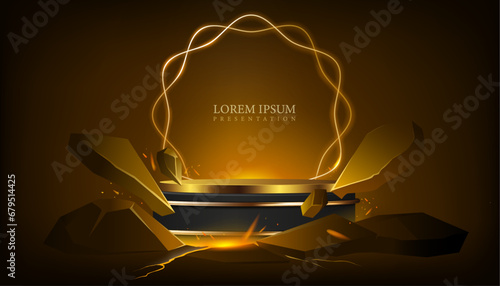 vector illustration luxury presentation podium geometric digital backdrop design element,explosion and fire spark dark background,product display and award banner.