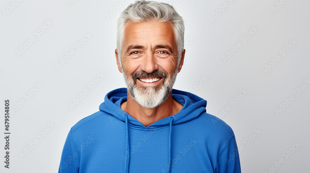 Happy mature old bearded man with dental smile, cool mid aged gray haired older senior hipster wearing blue sweatshirt standing isolated on white background. Made with generative ai Happy mature old bearded man with dental smile, cool mid aged gray haired older senior hipster wearing blue sweatshirt standing isolated on white background. Made with generative ai
