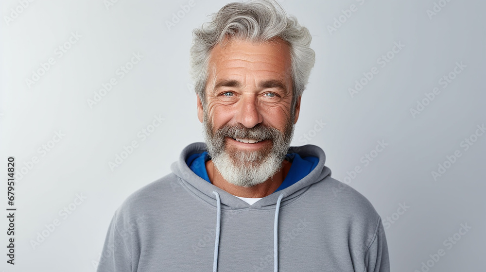 Happy mature old bearded man with dental smile, cool mid aged gray haired older senior hipster wearing blue sweatshirt standing isolated on white background. Made with generative ai Happy mature old bearded man with dental smile, cool mid aged gray haired older senior hipster wearing blue sweatshirt standing isolated on white background. Made with generative ai