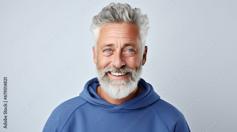 Happy mature old bearded man with dental smile, cool mid aged gray haired older senior hipster wearing blue sweatshirt standing isolated on white background. Made with generative ai - obrazy, fototapety, plakaty 