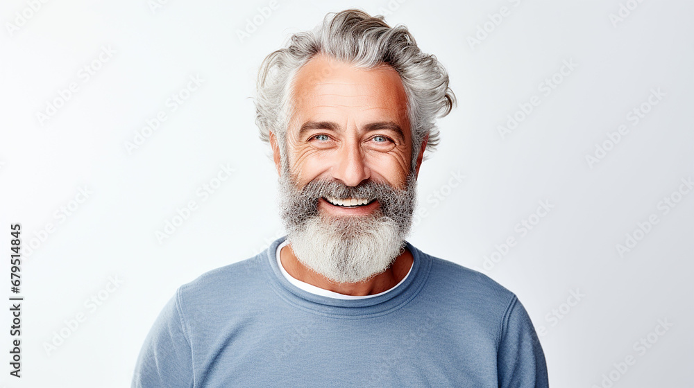 Happy mature old bearded man with dental smile, cool mid aged gray haired older senior hipster wearing blue sweatshirt standing isolated on white background. Made with generative ai Happy mature old bearded man with dental smile, cool mid aged gray haired older senior hipster wearing blue sweatshirt standing isolated on white background. Made with generative ai