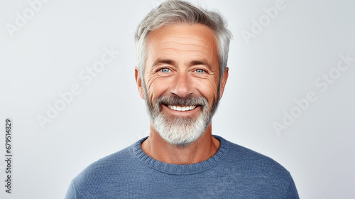 Happy mature old bearded man with dental smile, cool mid aged gray haired older senior hipster wearing blue sweatshirt standing isolated on white background. Made with generative ai