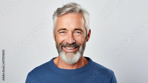 Happy mature old bearded man with dental smile, cool mid aged gray haired older senior hipster wearing blue sweatshirt standing isolated on white background. Made with generative ai photo