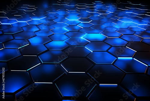 Abstract background with glowing hexagons. 3d rendering, 3d illustration. Abstract background hexagon pattern with glowing lights,