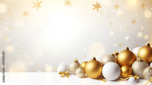christmas background with golden baubles, Christmas and New Year background with gold and white baubles 3d rendering