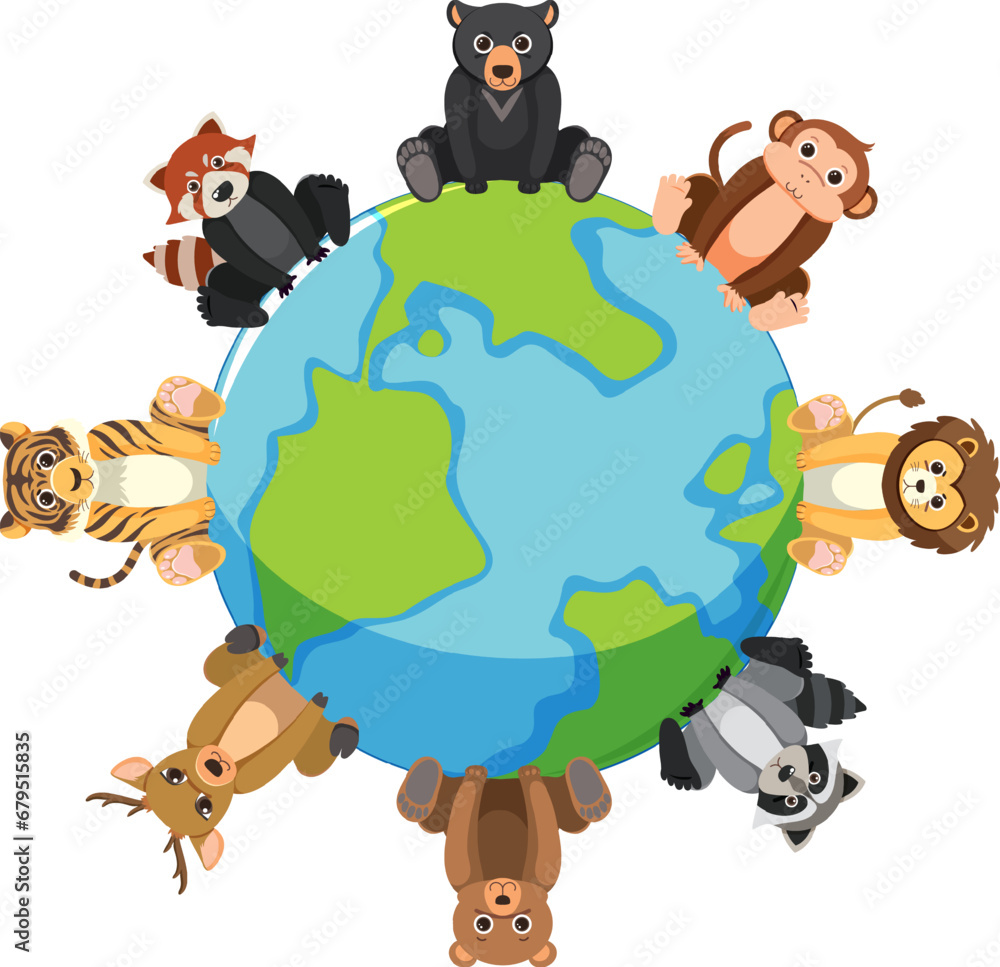 Naklejka premium Wild Animals Sitting on Globe Icon