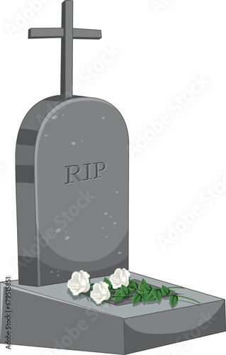 Isolated Tombstone with White Flower: A Vector Cartoon Illustration
