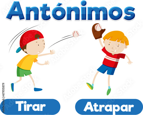 Spanish Language Word Card: Tirar and Atrapar Antonyms means to throw and to catch