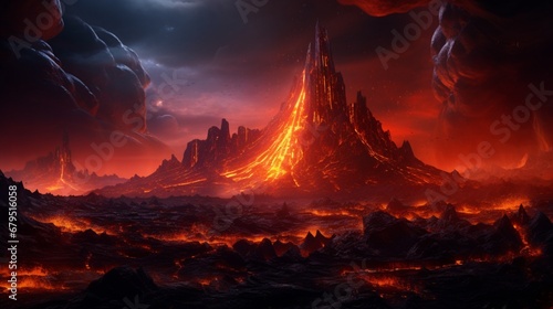 an volcanic eruption in an artificial alien landscape