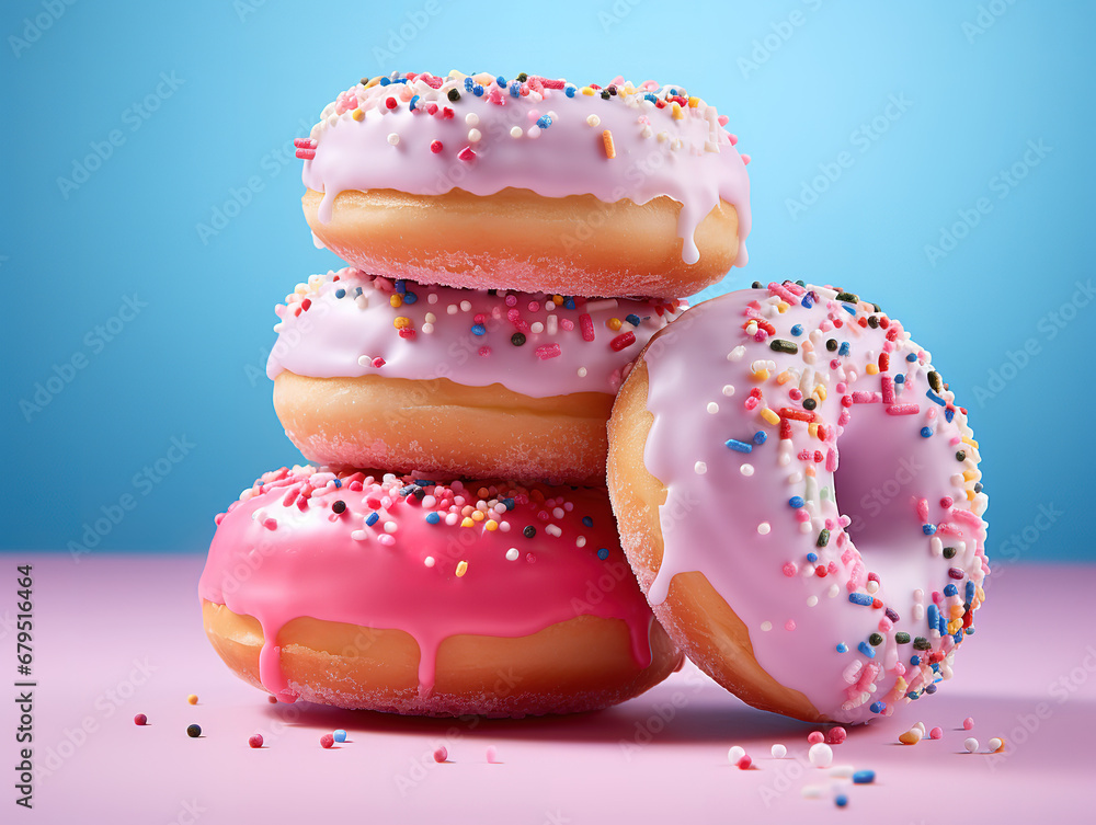 Photo of a delicious pink frosted donut with colorful sprinkles. Generative Ai Photo of a delicious pink frosted donut with colorful sprinkles. Generative Ai