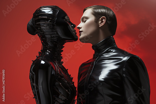BDSM couple, fetish, erotic games. A man kissing a woman in a latex suit photo