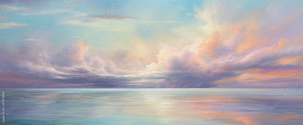 Soft, wispy clouds of color floating in a vast, abstract sky, casting subtle reflections on a tranquil water surface below.
