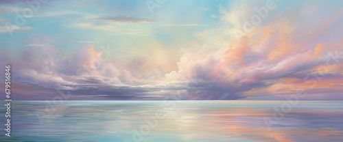 Soft, wispy clouds of color floating in a vast, abstract sky, casting subtle reflections on a tranquil water surface below.