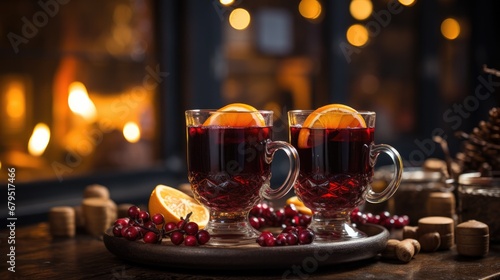 Two glasses of warm mulled wine on front of fireplace