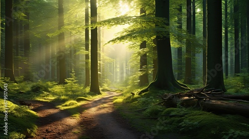 Winding dirt road beckons into a verdant forest  where sunlight dances through a canopy of towering trees.