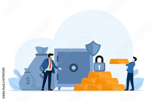 Invest Gold concept, gold bars with pile of coins, people invest their money in gold, safe haven in financial crisis or wealth management and asset allocation, Investment. Vector flat illustration.