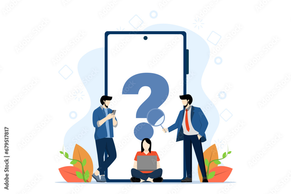 frequently asked questions concept, frequently asked questions around exclamation marks and question marks, question answer metaphor, FAQ for landing pages, mobile apps, web banners, infographics. - obrazy, fototapety, plakaty 