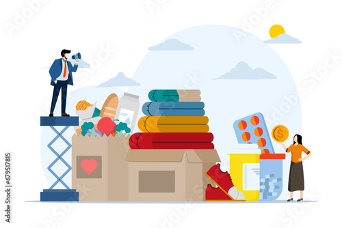 Charity and help from a small volunteer community. People giving money, clothes and medicine help voluntarily, sponsorship, altruism concept for banner, website design or landing web page.