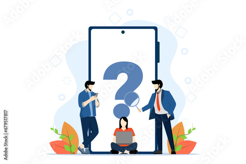 frequently asked questions concept, frequently asked questions around exclamation marks and question marks, question answer metaphor, FAQ for landing pages, mobile apps, web banners, infographics. photo