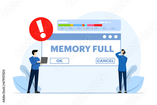 Memory space full notification concept. Clean the memory or storage of your phone or computer. The folder is full. Modern flat cartoon style. Vector illustration on white background.