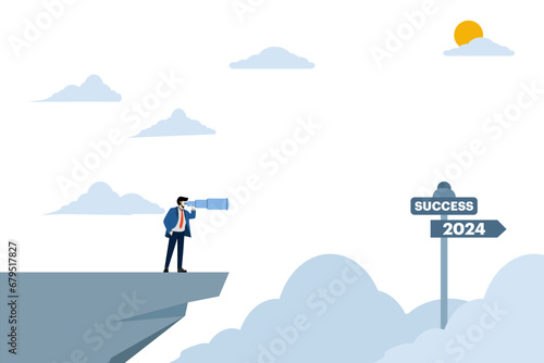 Businessman with telescope standing and looking into the distance at abstract direction signs 2023, 2024, Business Strategy Development in the New Year 2024, Planning and Setting Business Goals.