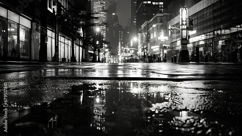 Black and white street photography of a rainy night in New York, reflections on wet pavement