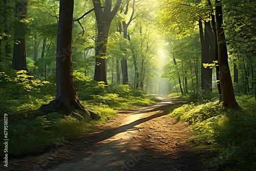 Winding dirt road beckons into a verdant forest, where sunlight dances through a canopy of towering trees.