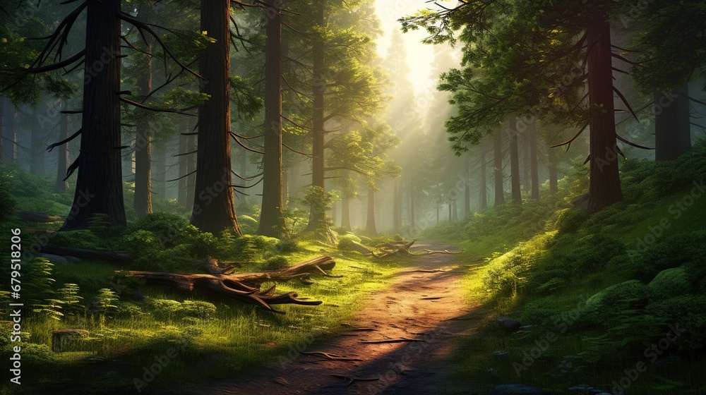 Winding dirt road beckons into a verdant forest, where sunlight dances through a canopy of towering trees.