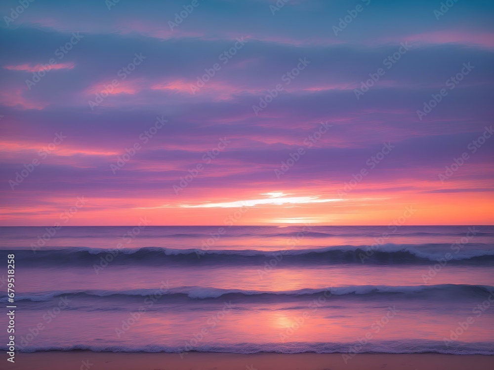 A serene beach in purple, pink orange hue with small waves