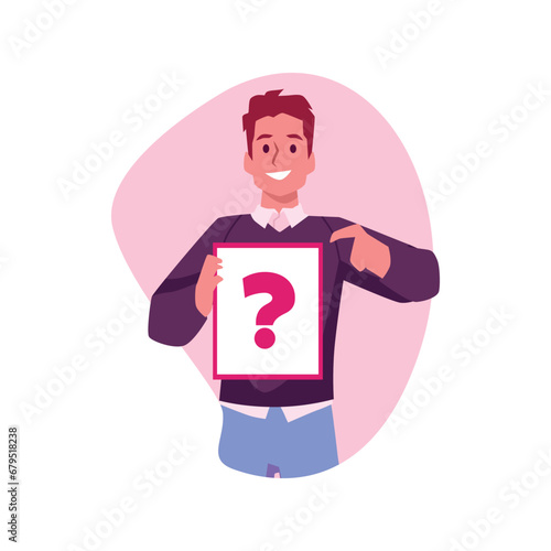 Man hand pointing finger at banner with question mark, vector person makes a gesture and showing on unknown surprise