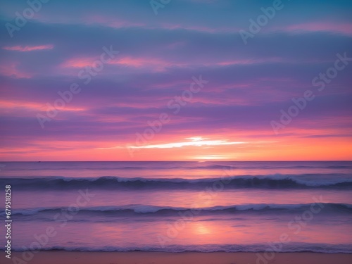 A serene beach in purple  pink orange hue with small waves