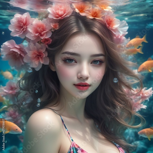 Beautiful young woman with flowers in her hair underwater