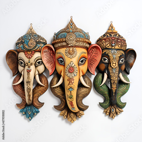 indian elephant sculpture, wooden ganesh mask, long ear wooden ganesh mask