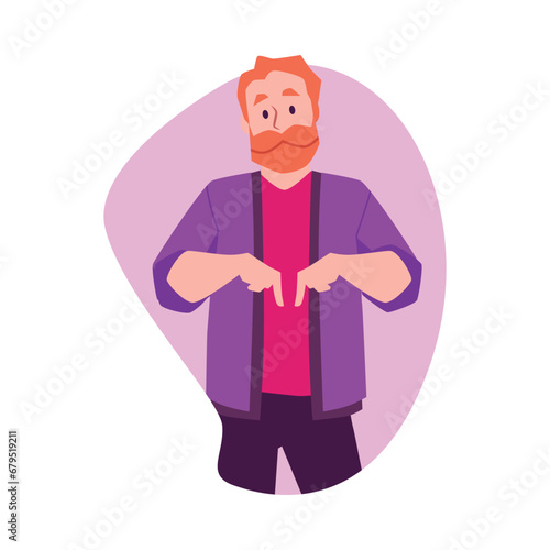 Cute bearded man pointing fingers down flat style, vector illustration